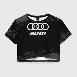 Футболка 3D укороченная женская Audi speed на темном фоне со следами шин, цвет: 3D-принт