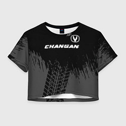 Футболка 3D укороченная женская Changan speed на темном фоне со следами шин: симво, цвет: 3D-принт