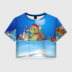 Футболка 3D укороченная женская Дракончик в очках у елки, цвет: 3D-принт