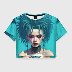 Футболка 3D укороченная женская Девушка панк с синими волосами, цвет: 3D-принт