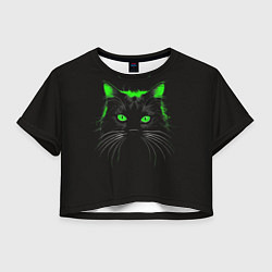 Футболка 3D укороченная женская Черный кот в зеленом свечении, цвет: 3D-принт