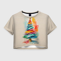 Футболка 3D укороченная женская Новогодняя ель акварелью на холсте, цвет: 3D-принт