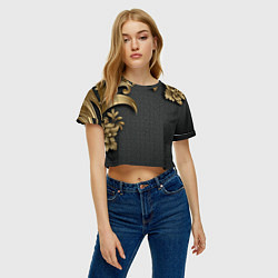 Футболка 3D укороченная женская Золотые объемные листья на сером фоне, цвет: 3D-принт — фото 2