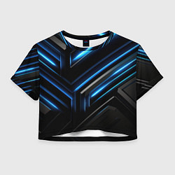 Футболка 3D укороченная женская Черный абстрактный фон и синие неоновые вставки, цвет: 3D-принт