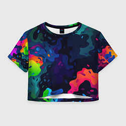 Футболка 3D укороченная женская Яркие кислотная разноцветные пятна в виде камуфляж, цвет: 3D-принт