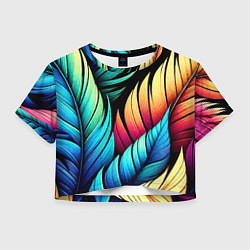 Футболка 3D укороченная женская Color feathers - neon, цвет: 3D-принт