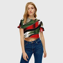 Футболка 3D укороченная женская Красные зеленые белые полосы абстракции, цвет: 3D-принт — фото 2