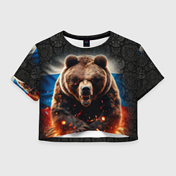 Футболка 3D укороченная женская Русский медведь на фоне флага и огня, цвет: 3D-принт