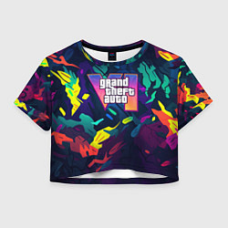 Футболка 3D укороченная женская GTA 6 logo яркий неоновый камуфляжный стиль, цвет: 3D-принт