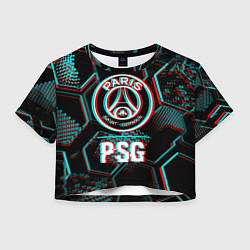 Футболка 3D укороченная женская PSG FC в стиле glitch на темном фоне, цвет: 3D-принт