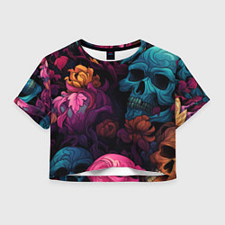 Футболка 3D укороченная женская Яркие цветы с черепами, цвет: 3D-принт