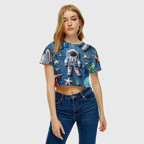 Женский топ Космонавт - вышивка по джинсе нейросеть / 3D-принт – фото 3