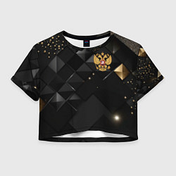 Футболка 3D укороченная женская Золотой герб России на черно-золотой текстуре, цвет: 3D-принт