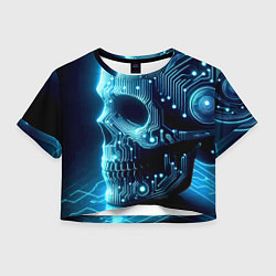 Футболка 3D укороченная женская Cyber neon skull - ai art с дорожками на плате, цвет: 3D-принт
