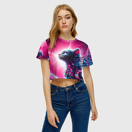 Женский топ Космический кибер котёнок - неоновое свечение / 3D-принт – фото 3