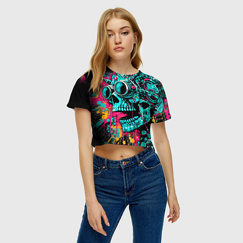 Женский топ Cyber skull sketch - color blots / 3D-принт – фото 3