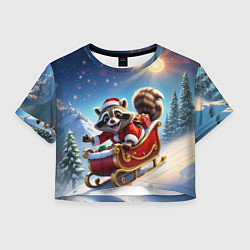 Футболка 3D укороченная женская Енот на санях, цвет: 3D-принт
