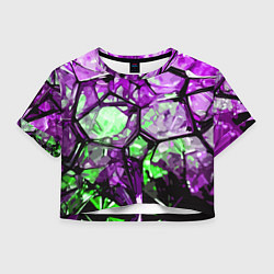 Футболка 3D укороченная женская Чёрно-зелёная абстракция на фиолетовом фоне, цвет: 3D-принт