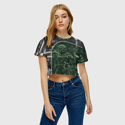 Футболка 3D укороченная женская Киборг в серо-зелёных тонах, цвет: 3D-принт — фото 2