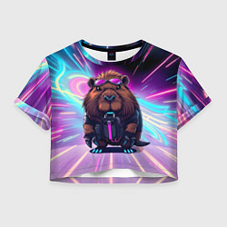 Футболка 3D укороченная женская Капибара нео, цвет: 3D-принт