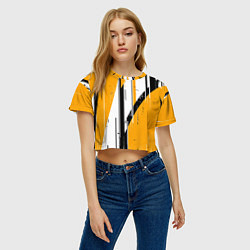 Футболка 3D укороченная женская Чёрно-белые вертикальные полосы на жёлтом фоне, цвет: 3D-принт — фото 2