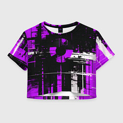 Футболка 3D укороченная женская Фиолетово-белый гранж на чёрном фоне, цвет: 3D-принт