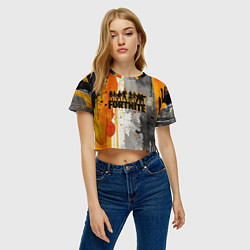 Футболка 3D укороченная женская Фортнайт на фоне разлитых красок, цвет: 3D-принт — фото 2