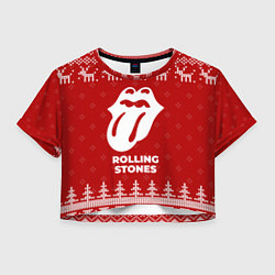 Футболка 3D укороченная женская Новогодний Rolling Stones с оленями, цвет: 3D-принт
