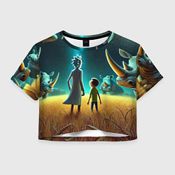 Футболка 3D укороченная женская Морти и Рик на планете носорогов - неоновое свечен, цвет: 3D-принт