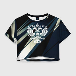 Футболка 3D укороченная женская Герб России Двуглавый орёл чёрно-синий, цвет: 3D-принт