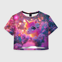 Футболка 3D укороченная женская Единорог и светлячки, цвет: 3D-принт