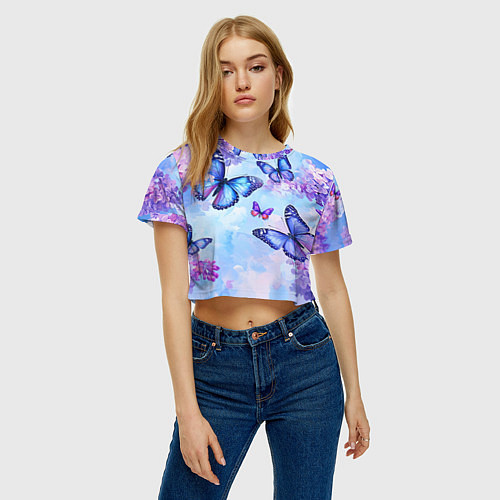 Женский топ Бабочки и сирень - нежная голубая живопись / 3D-принт – фото 3