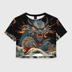 Футболка 3D укороченная женская Японский дракон и волны в стиле тату ирезуми, цвет: 3D-принт