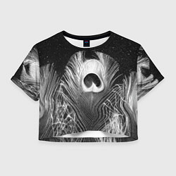 Футболка 3D укороченная женская Изогнутые белые перья павлина - чб иллюстрация, цвет: 3D-принт