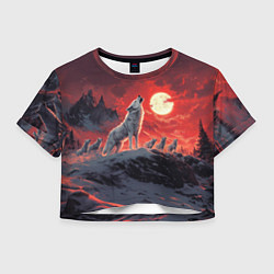 Футболка 3D укороченная женская Волк воет на красную луну, цвет: 3D-принт