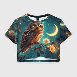 Футболка 3D укороченная женская Сова на фоне ночного неба, цвет: 3D-принт