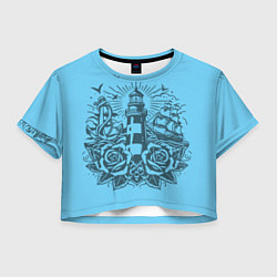 Футболка 3D укороченная женская Маяк с розами и кораблем, цвет: 3D-принт