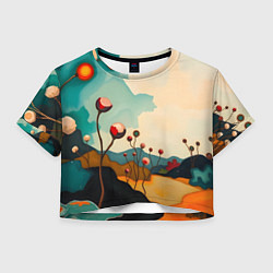 Футболка 3D укороченная женская Сюрреалистичный пейзаж с цветами, цвет: 3D-принт