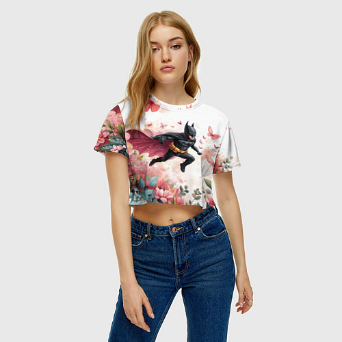 Женский топ Бэтмен прыгает над цветами и бабочками / 3D-принт – фото 3
