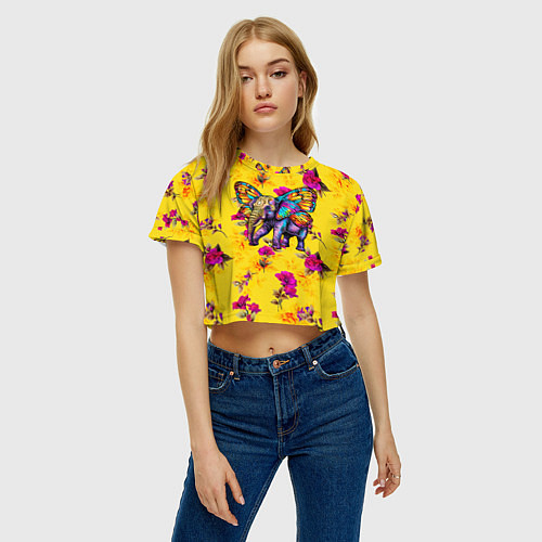 Женский топ Слон с крыльями бабочки на цветочном фоне / 3D-принт – фото 3