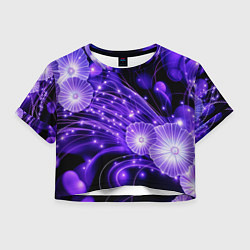 Футболка 3D укороченная женская Силуэты цветов на темном фоне - фиолетовое свечени, цвет: 3D-принт
