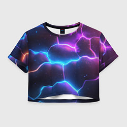 Футболка 3D укороченная женская Синие и фиолетовые молнии в разломе, цвет: 3D-принт