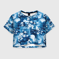 Футболка 3D укороченная женская Цветы белой сакуры - паттерн на синем фоне, цвет: 3D-принт