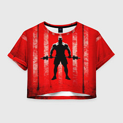 Футболка 3D укороченная женская Пауэрлифтер на красном, цвет: 3D-принт