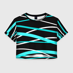 Футболка 3D укороченная женская Чёрный с бело-голубыми полосами, цвет: 3D-принт