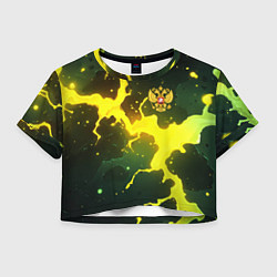 Футболка 3D укороченная женская Герб России зеленый разлом, цвет: 3D-принт