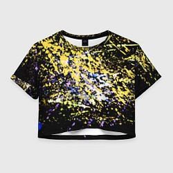 Футболка 3D укороченная женская Желто синяя краска на черном, цвет: 3D-принт