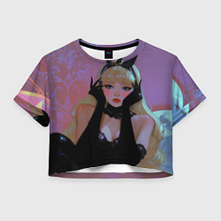 Футболка 3D укороченная женская Девушка - черная кошка, цвет: 3D-принт