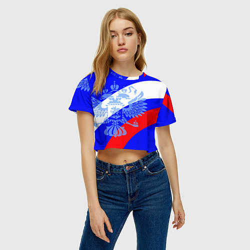 Женский топ Герб России на фоне триколора синий / 3D-принт – фото 3