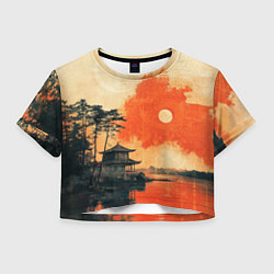 Футболка 3D укороченная женская Рыбацкий дом на закате, цвет: 3D-принт
